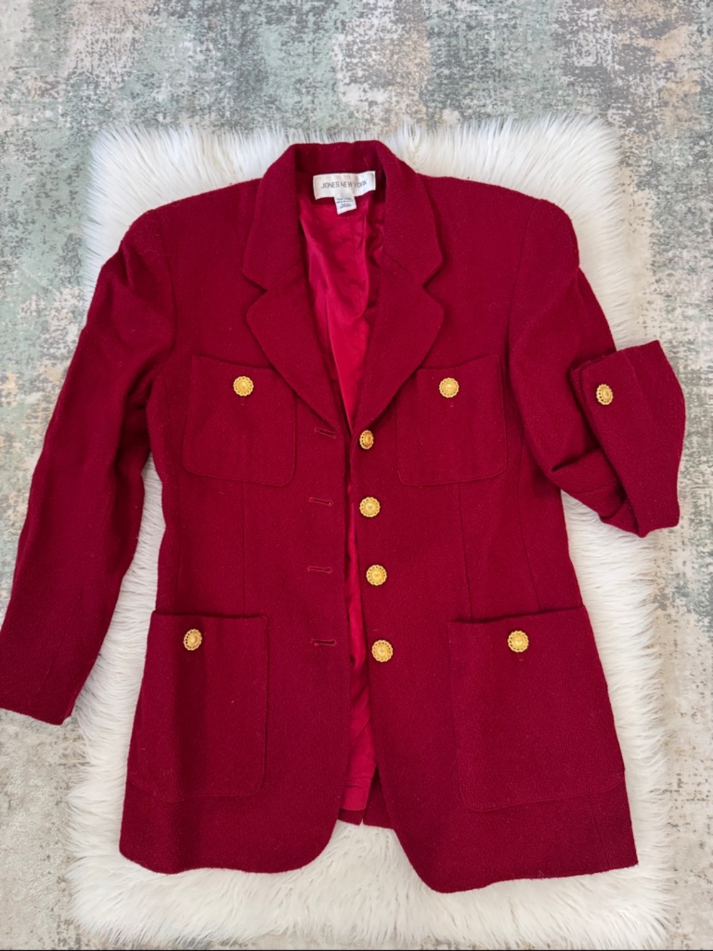 Jones New York Vintage Deep Red Textured Blazer with Gold Buttons